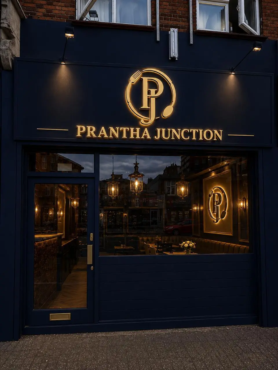 Prantha Junction storefront at night
